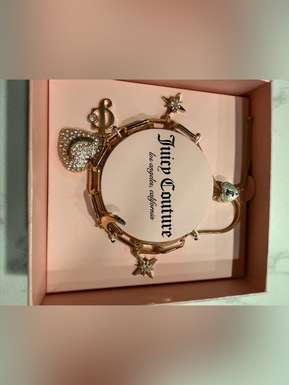 Juicy Couture Gold-Tone Charm Bracelet with Crystal Heart and Stars
